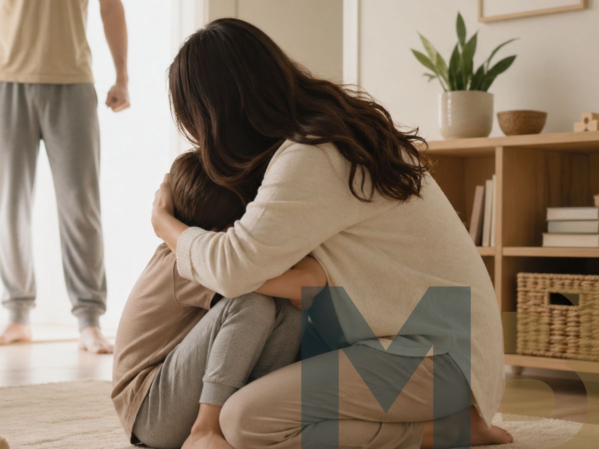 An adult hugging a child on the floor while another adult stands in the background.